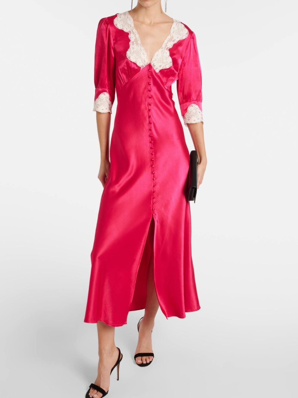 RIXO Simone Fuchsia Red Silk-Blend Lace-Trim maxi dress NWT